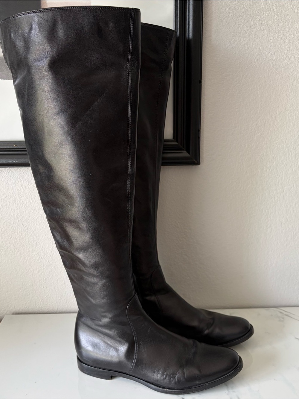 Sergio Rossi Black Leather Over the Knee Boots Side Zip Round Toe w7.5